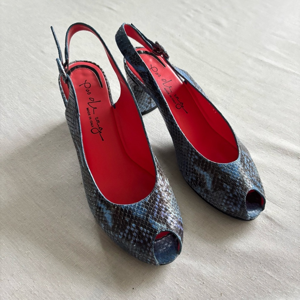 Pas De Rouge Snakeskin Slingback Sandals, Blue, Block Heel, EU 41 | Italian Chic